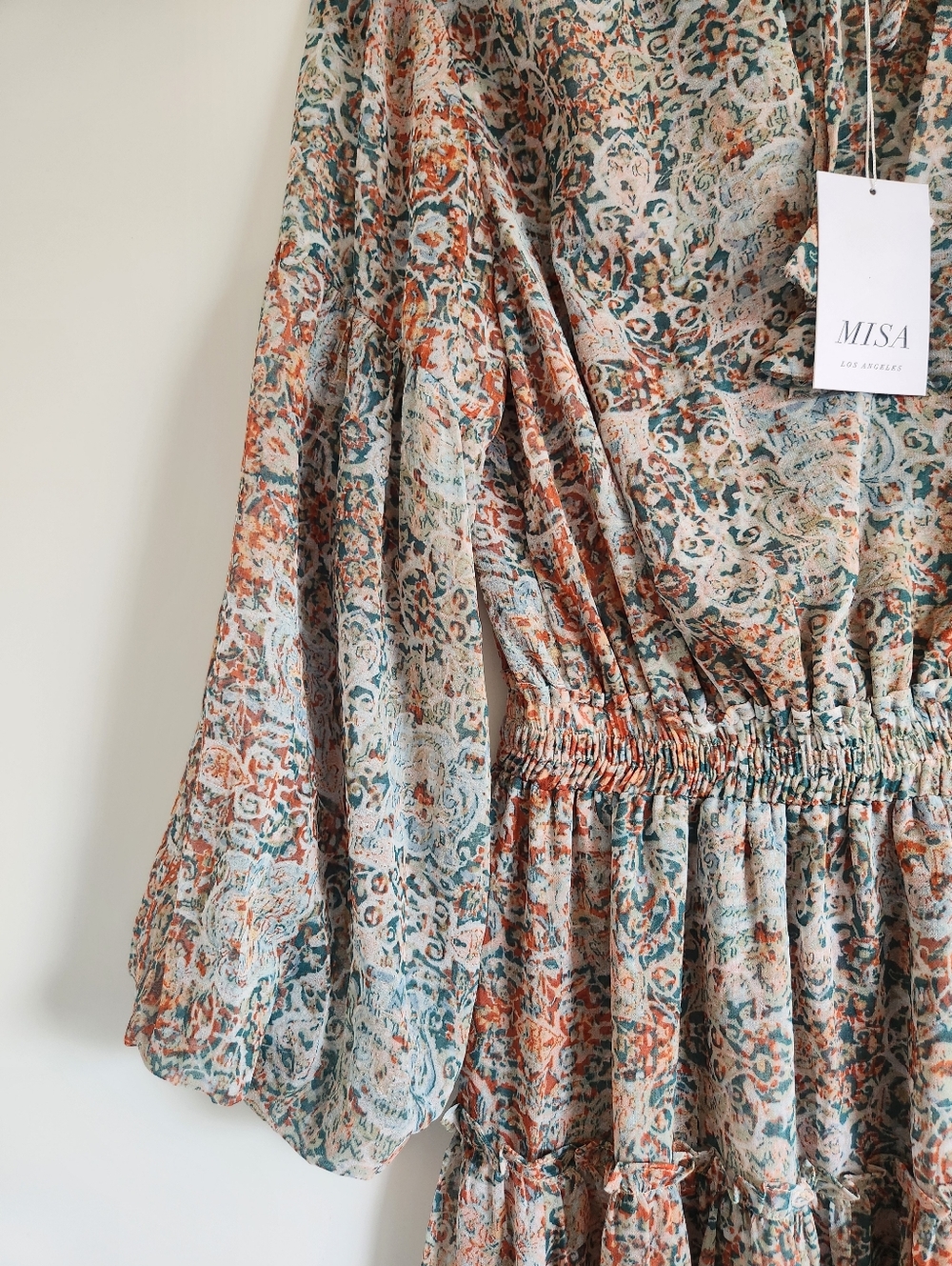 MISA Los Angeles Boho Maxi Dress Long Sleeve Smocked Waist NWT XS - Picture 3 of 11